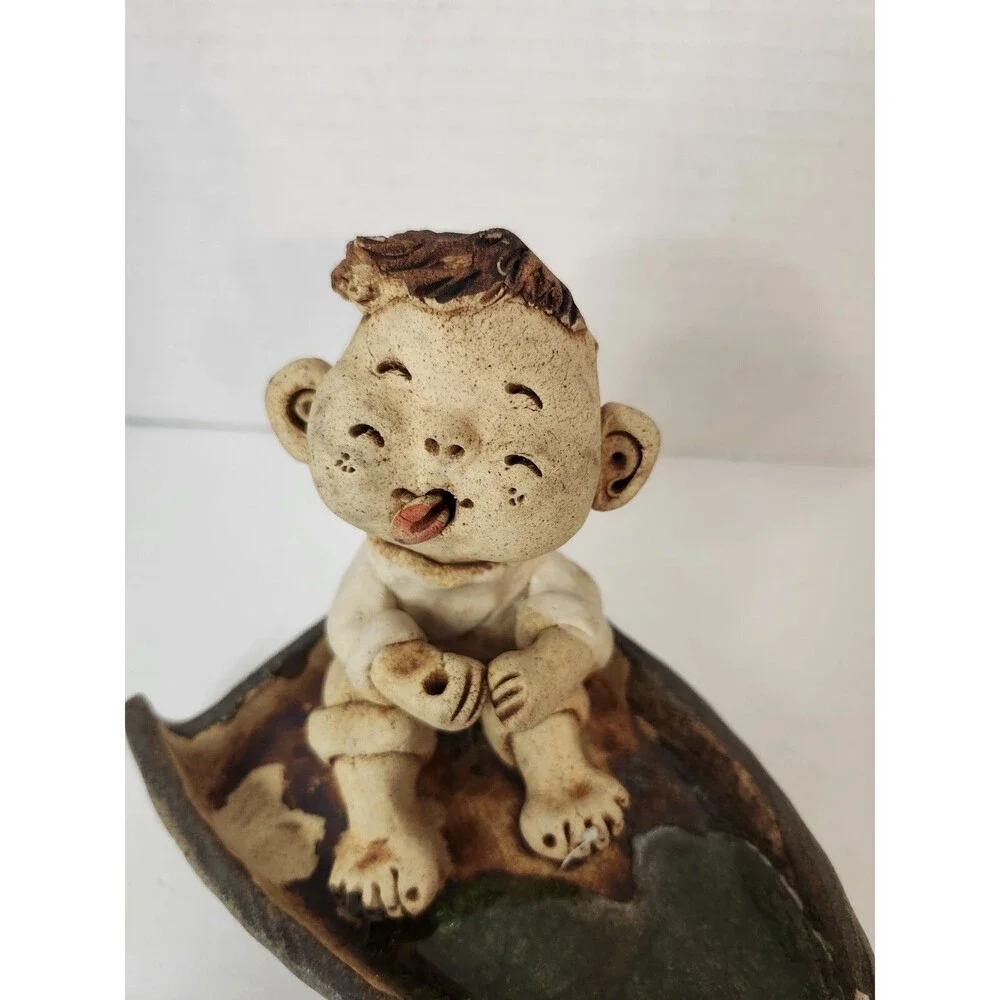 Vintage Korean Clay Pottery Figurine Boy Fishing
